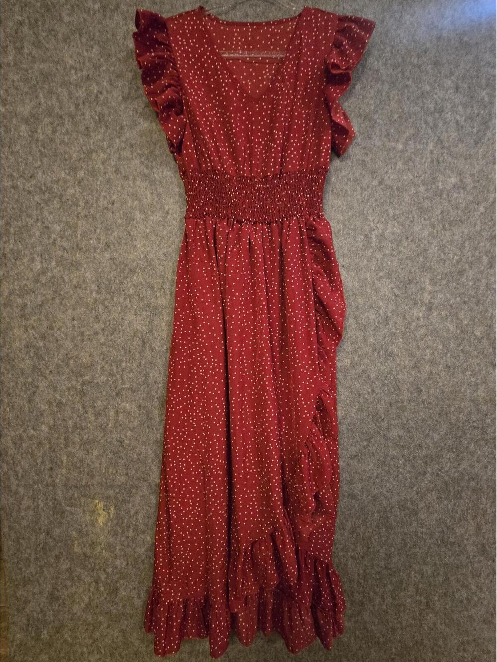 Flowy Ruffled Red Polka Dot Knot Sidewrap A-line Dress Sz S Feminine Cottage